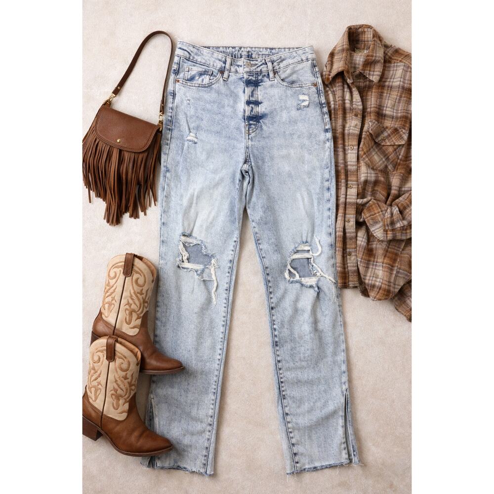 Distressed Old Navy OG Straight High Rise Jeans Size 10 Raw Hem Slit Acid Wash